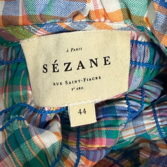 SEZANE Liorane Blouse in Careo Print Sz 44/XXL Plaid w/Lace Trim & Ties in Back - Picture 5 of 6